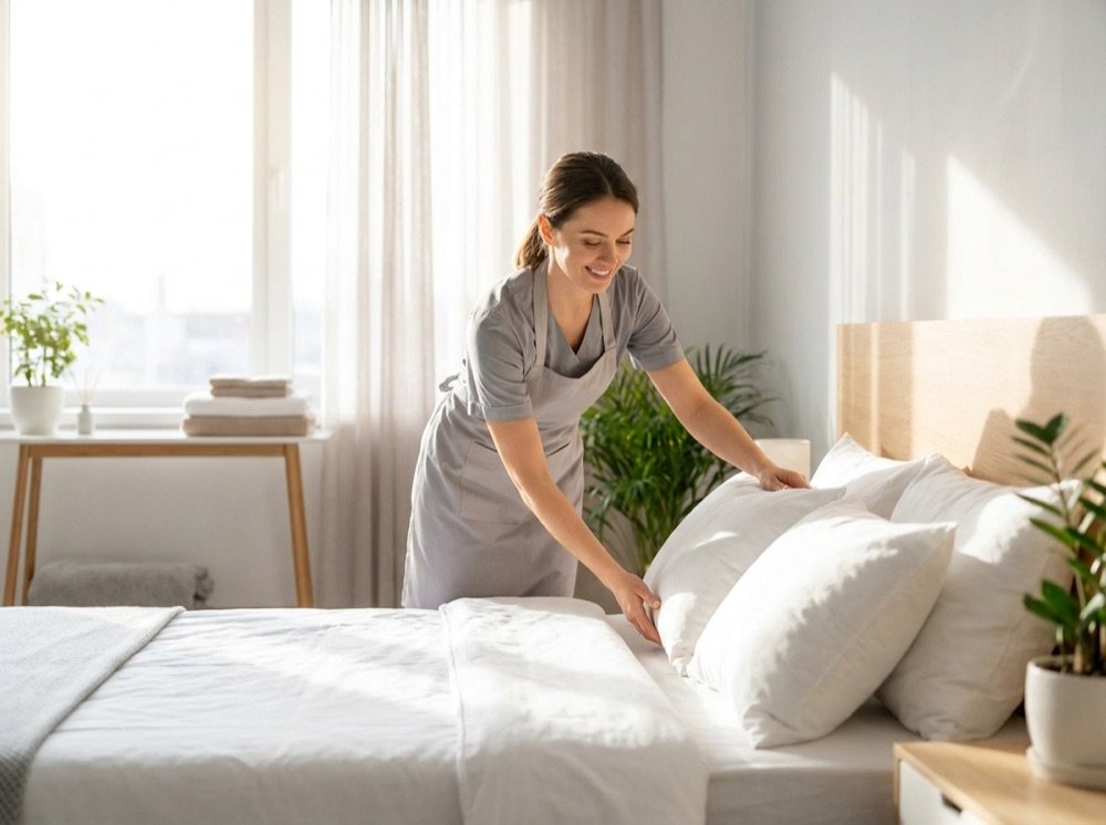 Cleaner preparing a stylish bedroom for guests