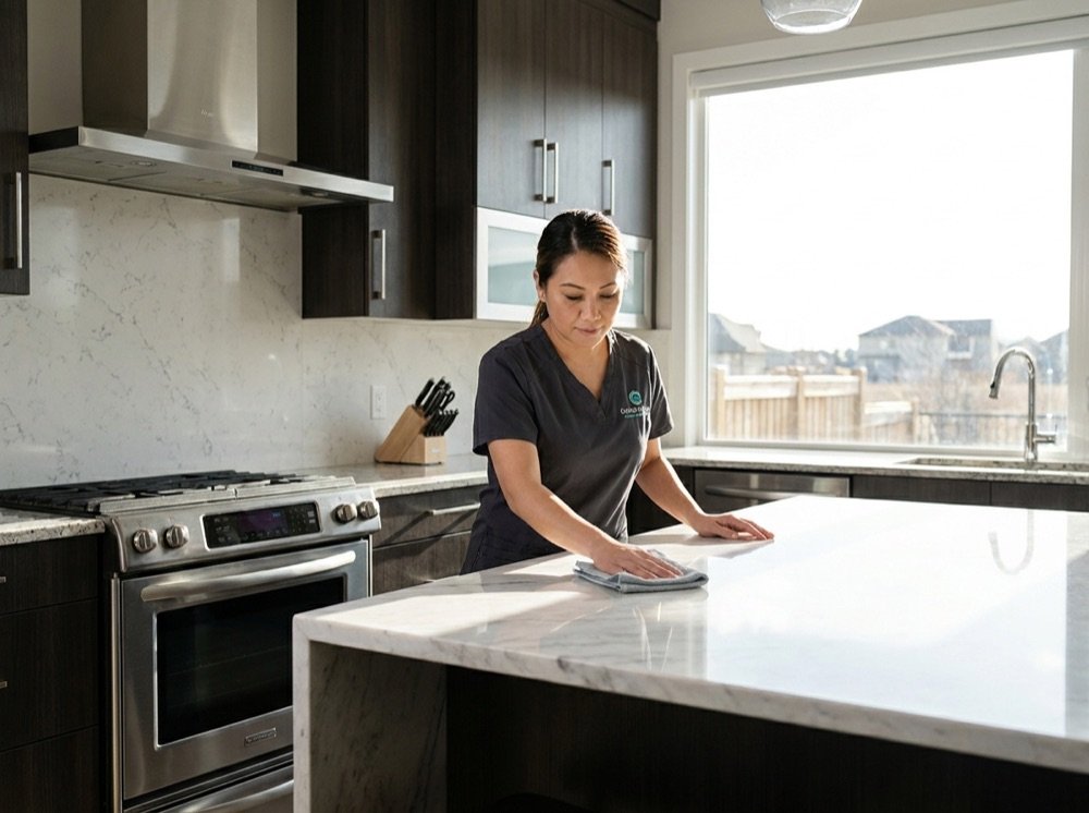 Professional cleaner deep cleaning a kitchen countertop
