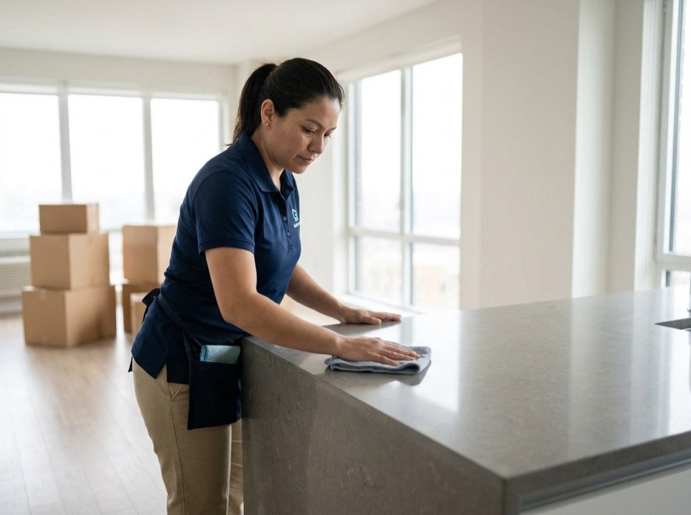 Cleaner preparing an empty apartment with moving boxes