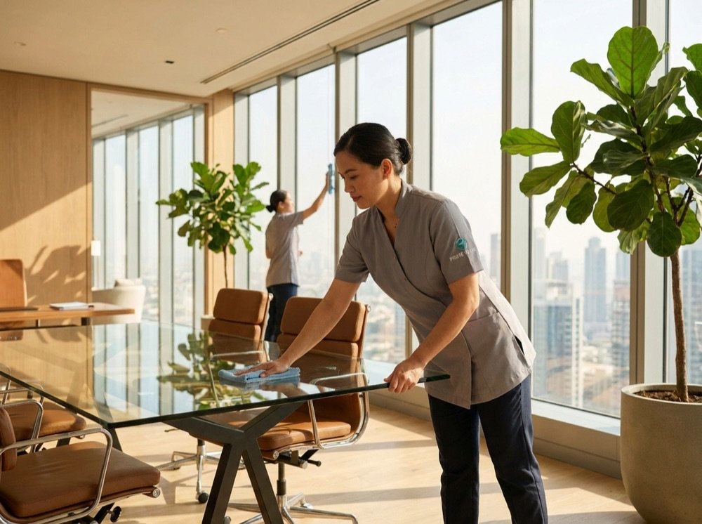 Cleaner wiping a desk in a modern office