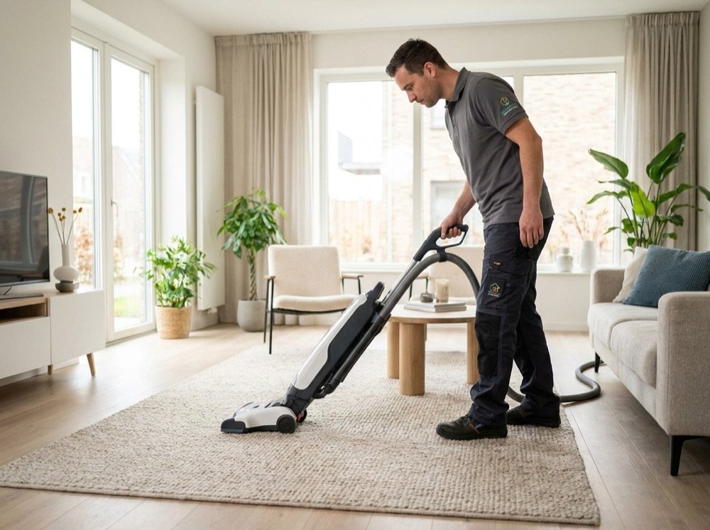 Cleaner vacuuming a living room carpet
