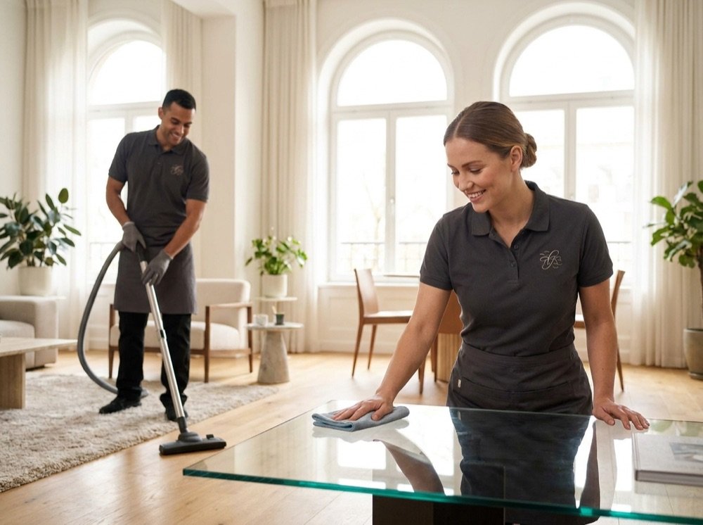 Cleaning team tidying a bright modern living room