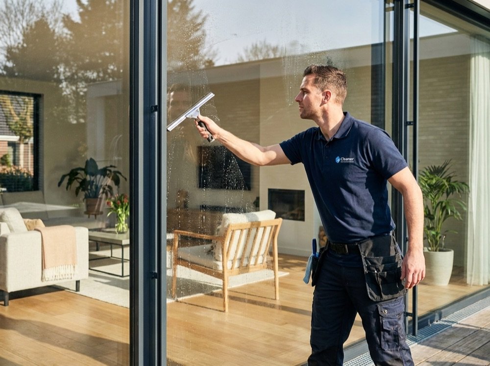 Cleaner using a squeegee on a large window