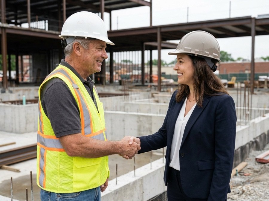 Cliente y contratista dándose la mano en obra