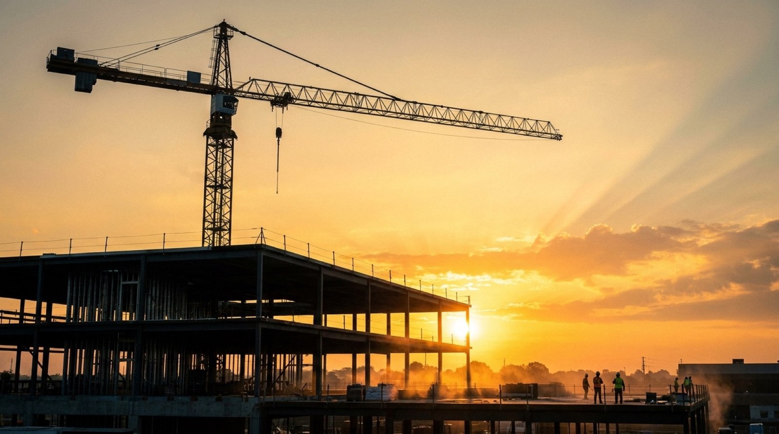 Sitio de construcción al amanecer con grúa y estructura de acero