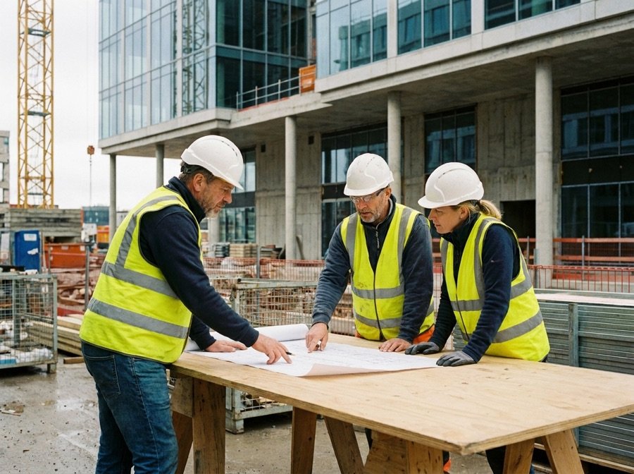 Equipo de Construcciones Del Valle revisando planos en obra