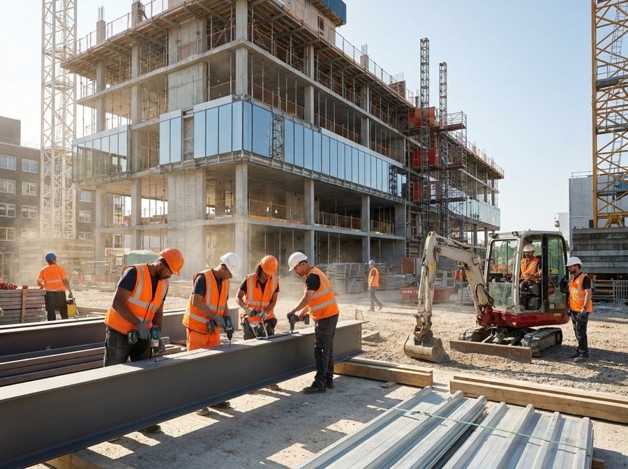 Trabajadores de la construcción con casco en una obra moderna