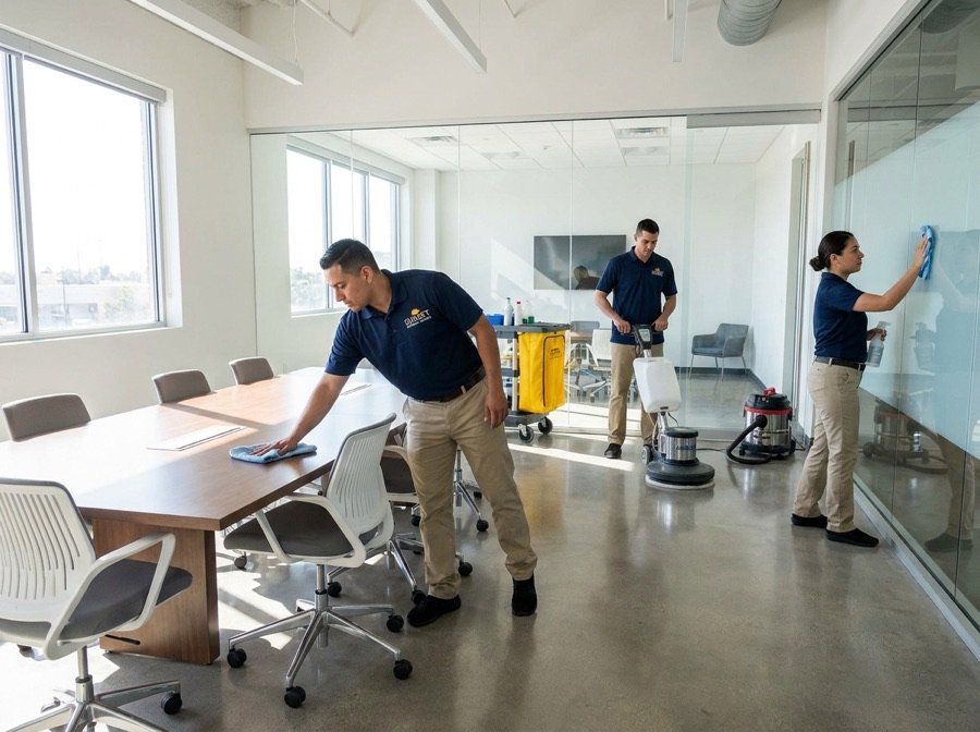 Equipo profesional de limpieza trabajando en una oficina moderna