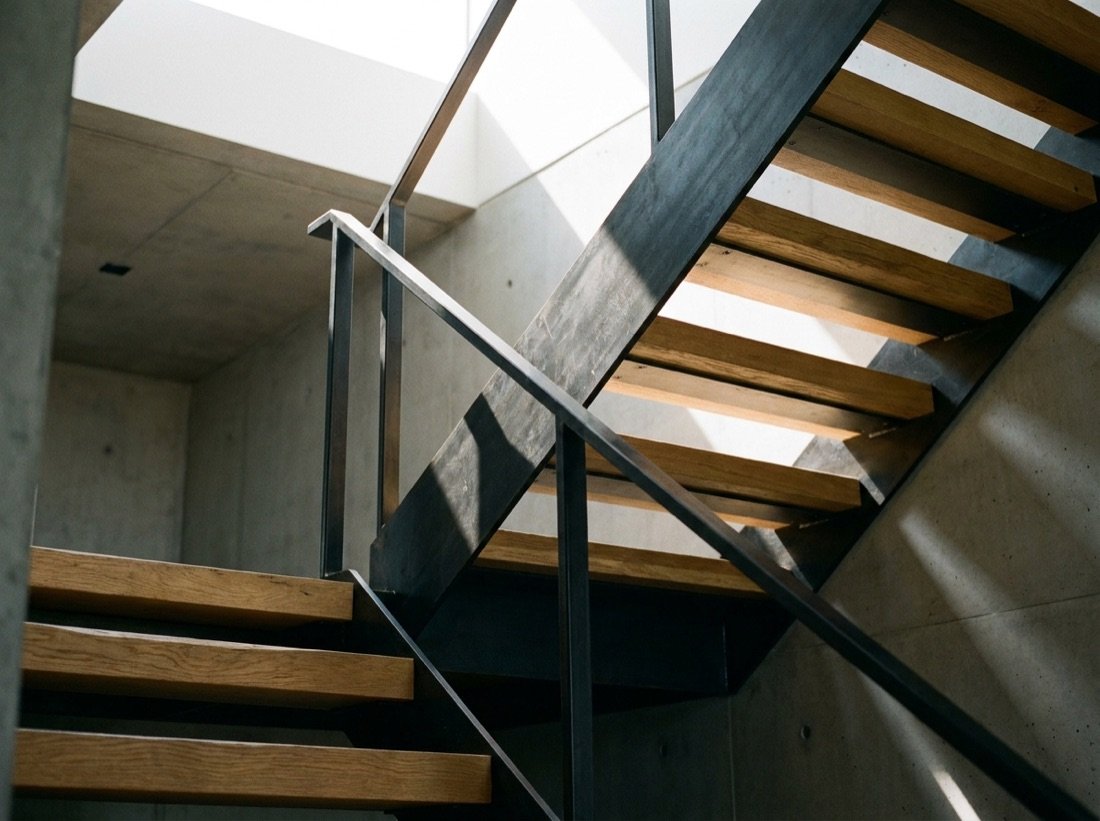 Detalle arquitectónico de escalera en Residencial Los Pinos