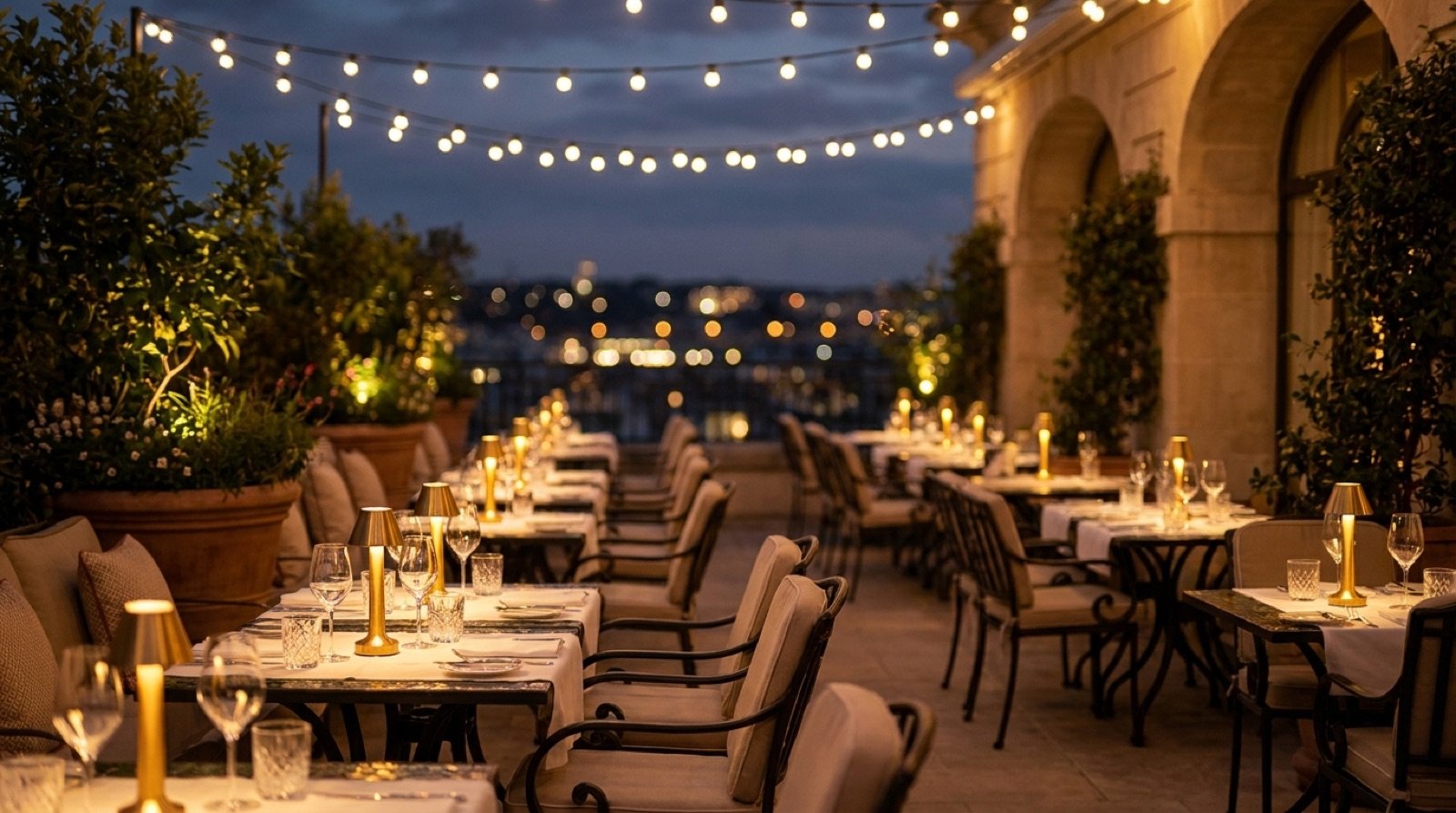 Terraza nocturna de Sabor & Brasa con luces cálidas