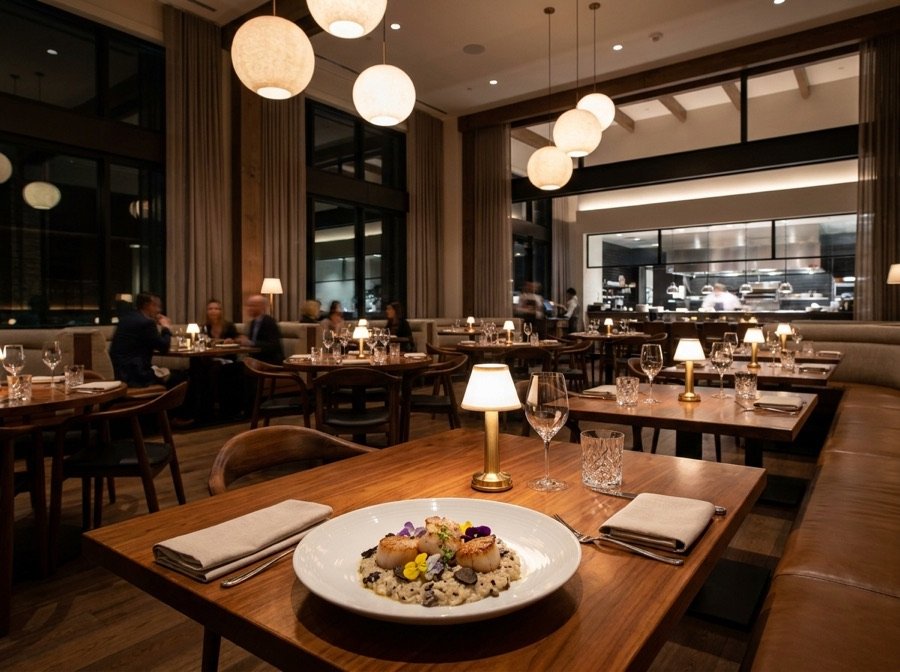 Interior de un restaurante moderno con mesas puestas y un plato gourmet