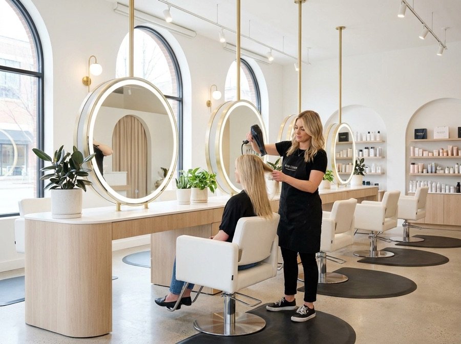 Estilista atendiendo a una clienta en un salón de belleza moderno