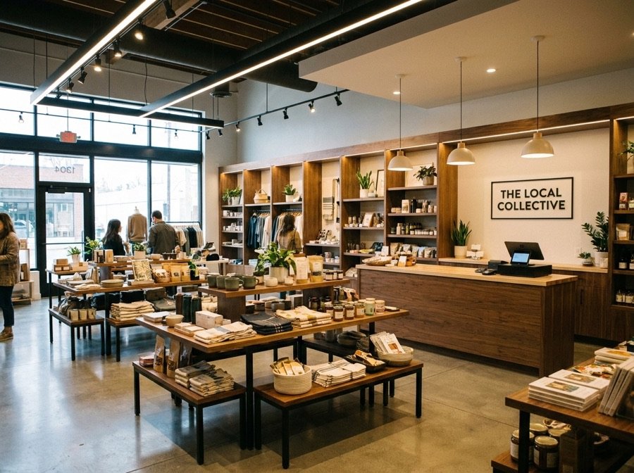 Interior de una tienda local moderna con productos exhibidos
