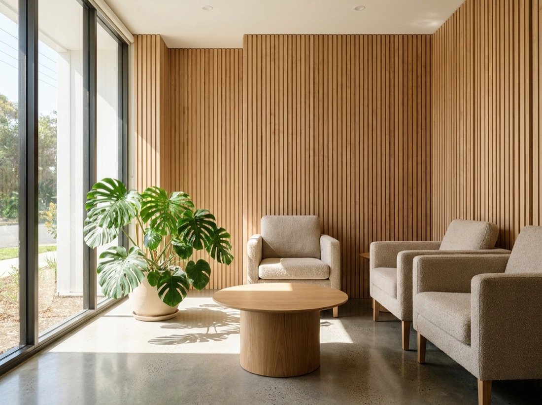 Modern, light-filled waiting room at Vitalis Clinic